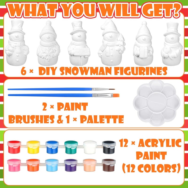 Eersida 6 Sets Winter Ceramics to Paint Ready to Your Own Ceramic Snowman Statues DIY Unpainted Paintable Winter Figurines Kit Crafts with Brush Palette for Christmas DIY - Image 3